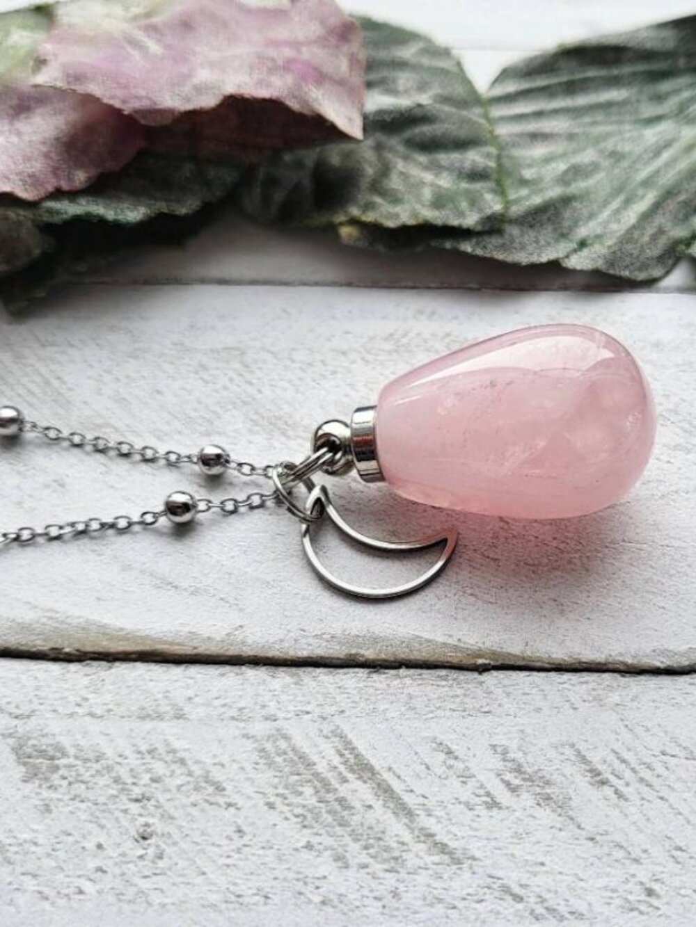 Rose Quartz Perfume Bottle Necklace Moon Pendant